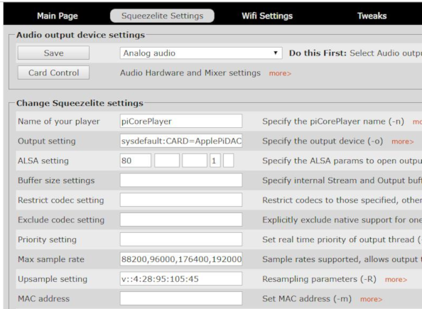 Picture of piCorePlayer Squeezelite settings screen with Goldilocks parameters