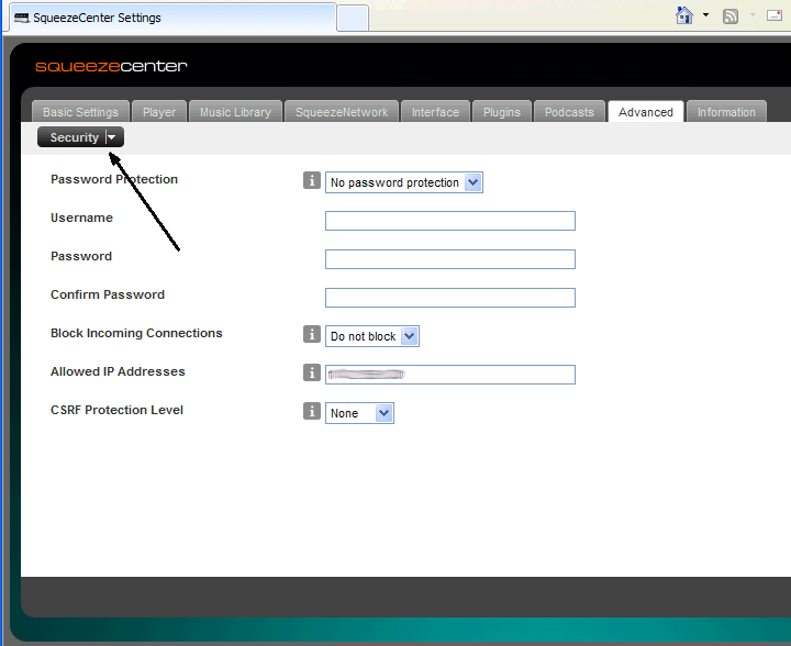 Screen Dump of SqueezeCenter Security menu