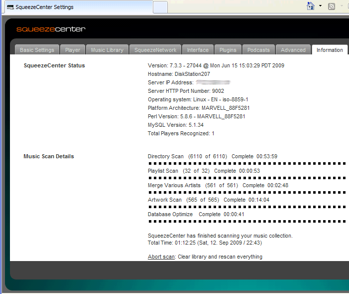 Screen Dump of SqueezeCenter Information menu